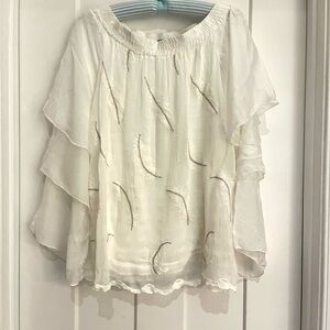 Elegant White Feather-Patterned Silk Blouse